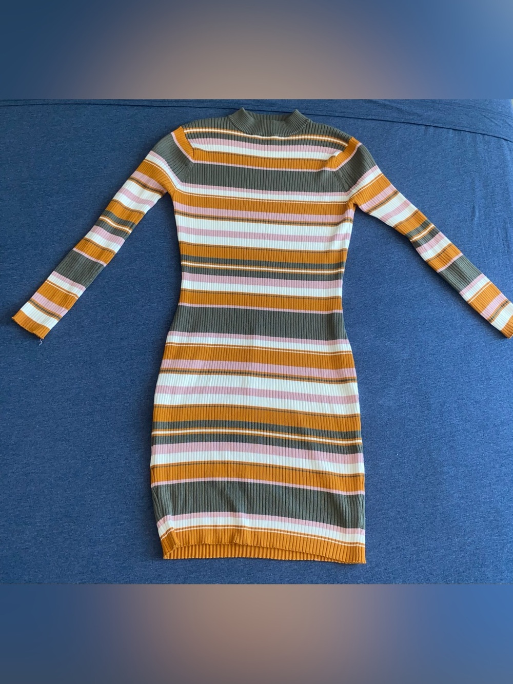 Women’s  Striped Ribbed Long Sleeve Dress - Mustard, Olive & Pink